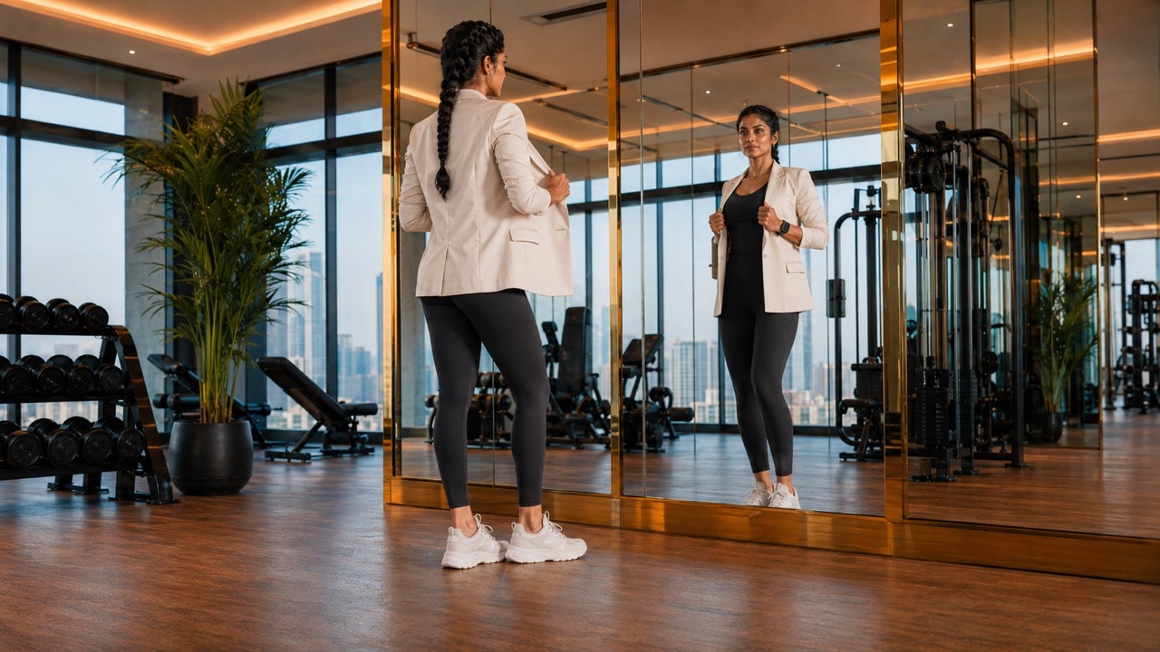 Luxury Gym Woman Checking Reflection in Mirror Wall | Royalty-Free image | Pixlaris