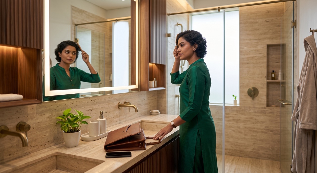 Indian Businesswoman Getting Ready in Modern Luxury Bathroom Before Work Large