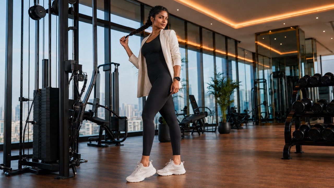 Luxury Fitness Woman Holding Braid in Premium Gym Studio | Royalty-Free image | Pixlaris