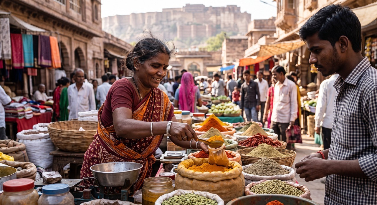 Indian Spice Vendor Selling Spices at Traditional Market