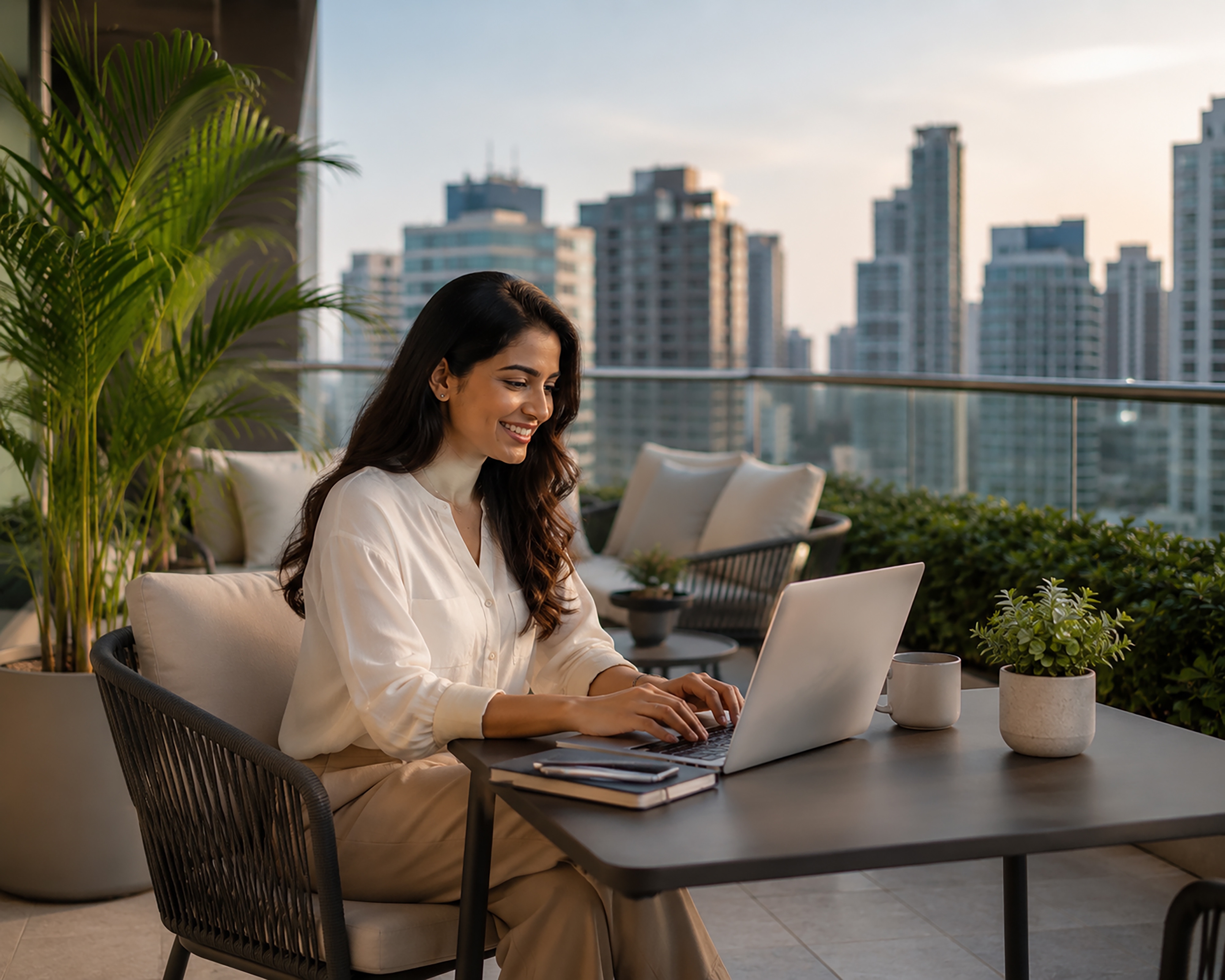 Young Indian Woman Working Remotely from Luxury Apartment Balcony with City Skyline View  Small