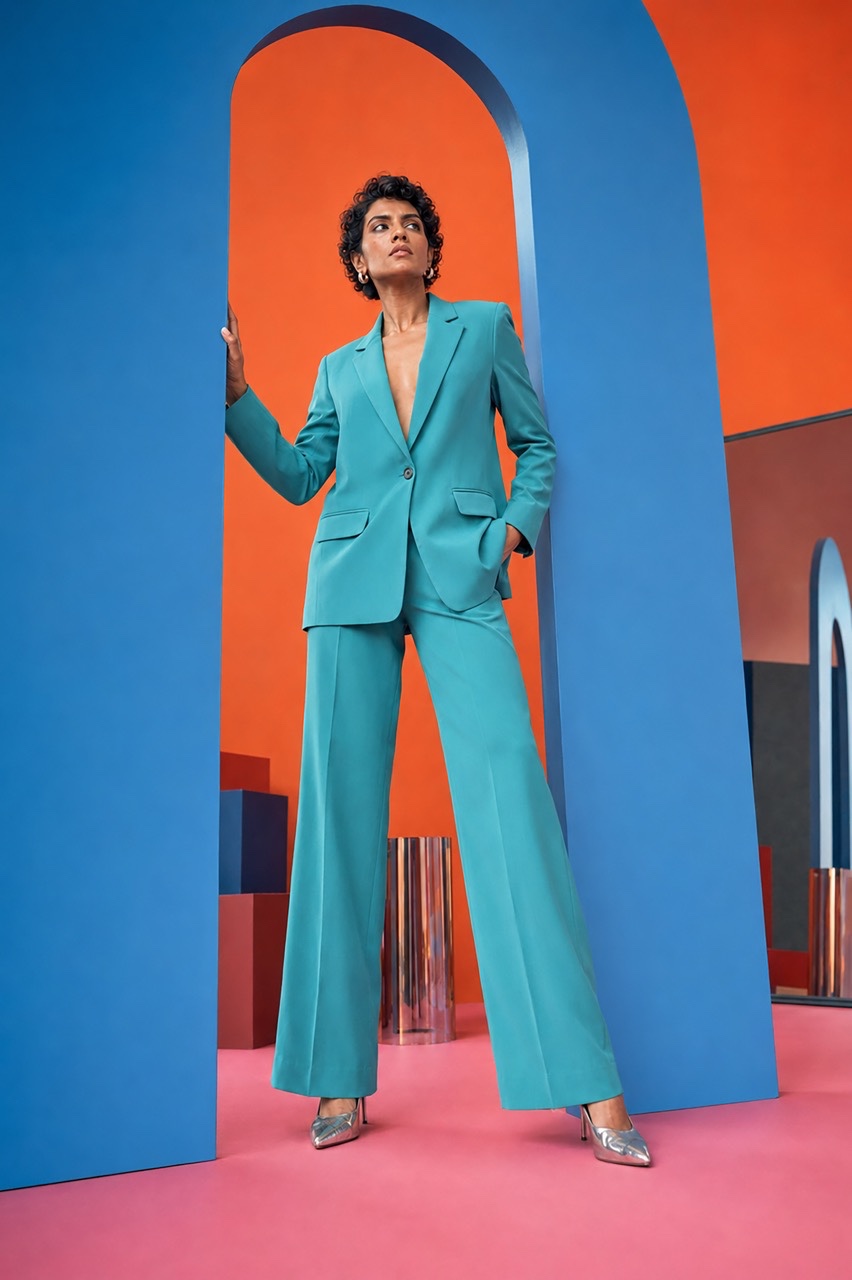 Powerful Woman Standing Inside Blue Arch in Turquoise Suit | Royalty-Free image | Pixlaris
