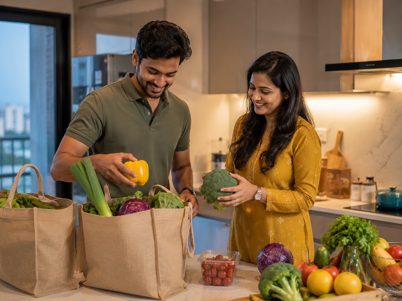 Indian Couple Unpacking Fresh Groceries Together in Modern Kitchen for Healthy Home Cooking  Large