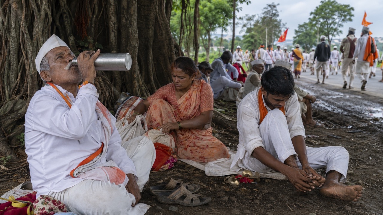 Warkari Pilgrims Walking Barefoot Through Muddy Road | Royalty-Free image | Pixlaris