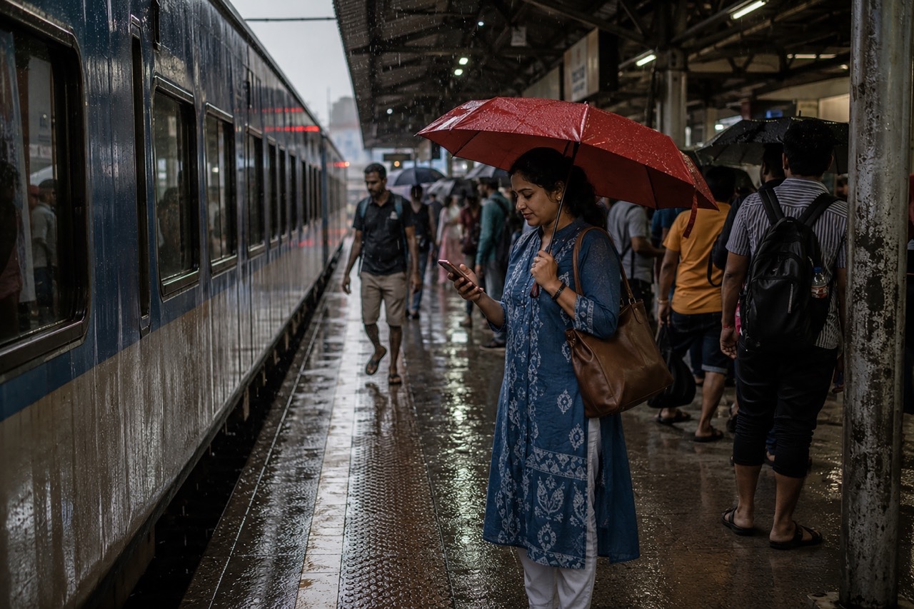 Commuter Checking Phone at Railway Platform During Monsoon Rain | Royalty-Free image | Pixlaris