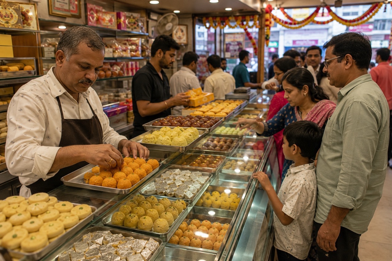 Indian Family Buying Traditional Sweets at Busy Mithai Shop | Royalty-Free image | Pixlaris