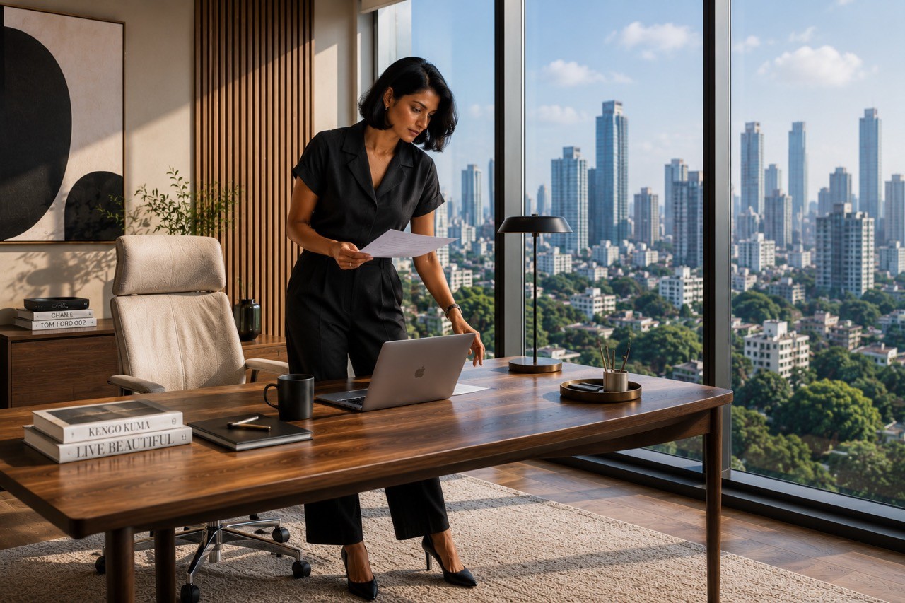 Businesswoman Preparing Executive Workspace for Productive Day
