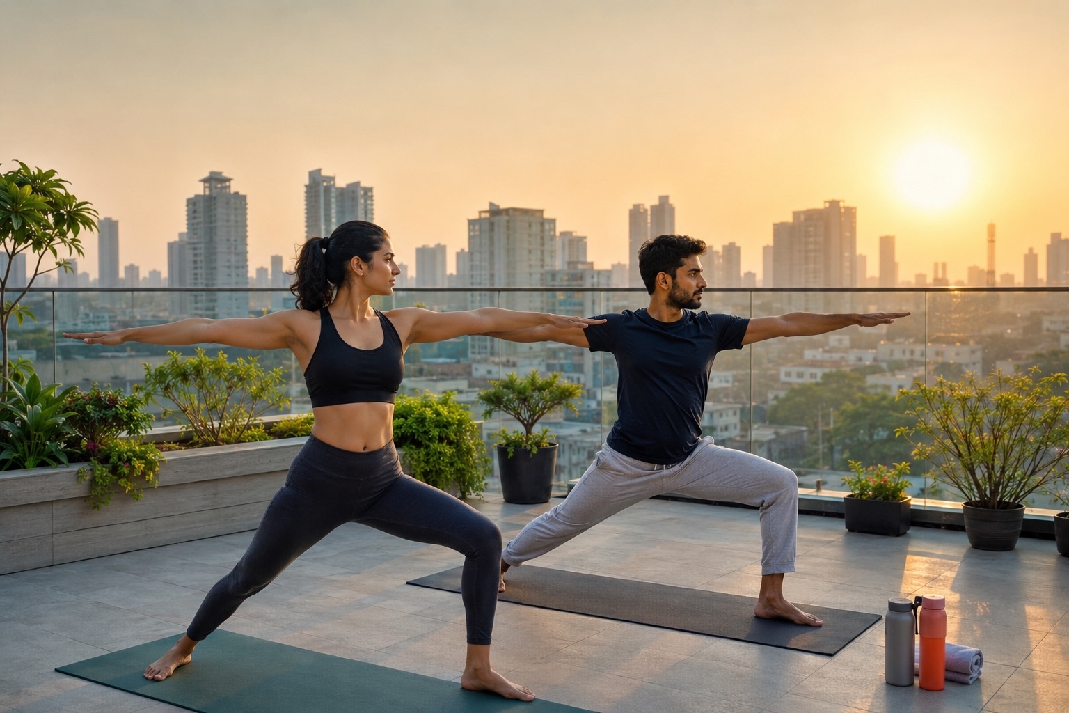 Young Indian Couple Practicing Morning Yoga on Rooftop Terrace with Modern City Skyline at Sunrise