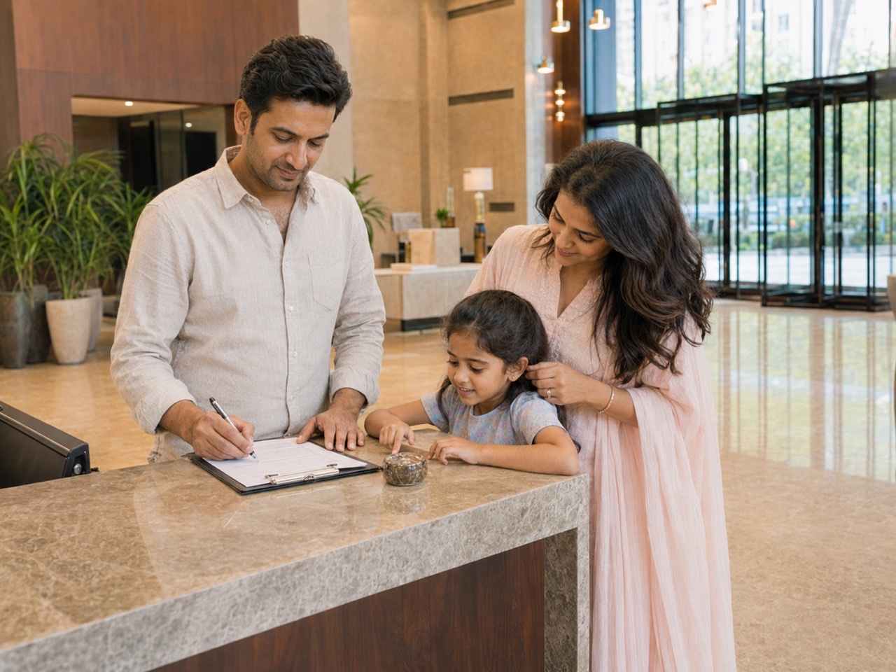 Family Completing New Home Paperwork at Reception Desk | Royalty-Free image | Pixlaris