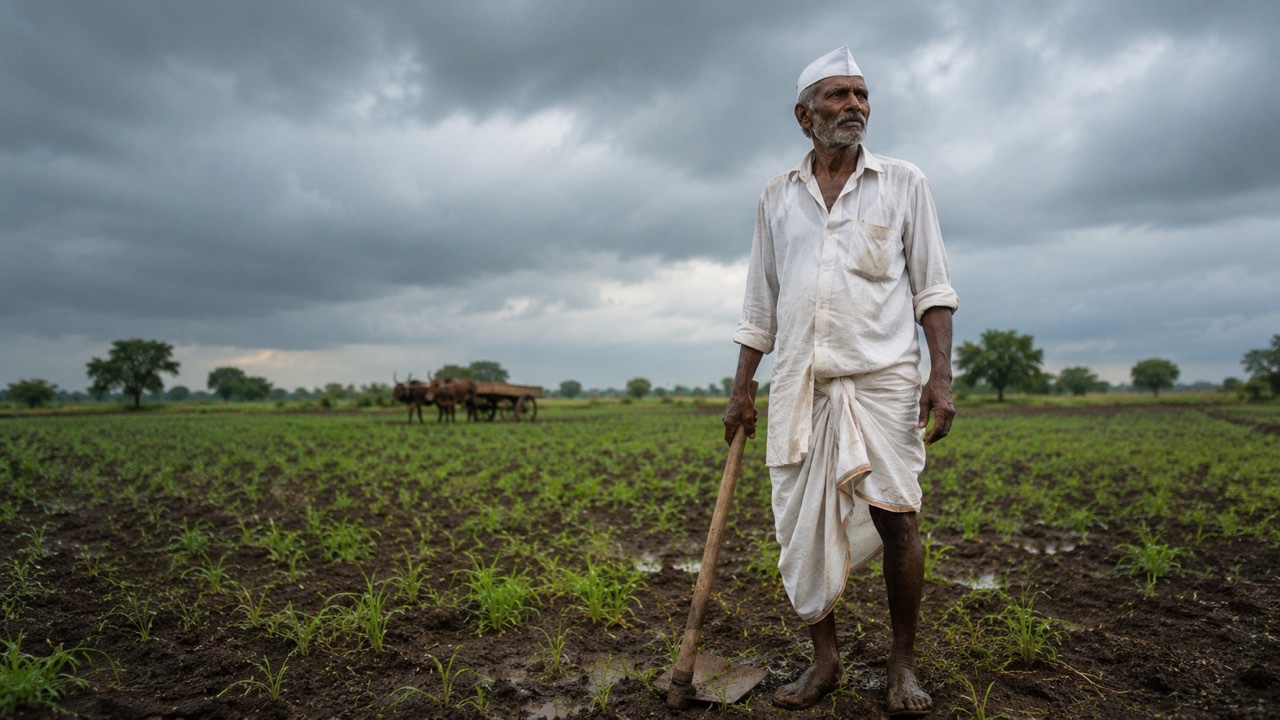 Elderly Indian Farmer Standing in Crop Field Before Monsoon Storm | Royalty-Free image | Pixlaris