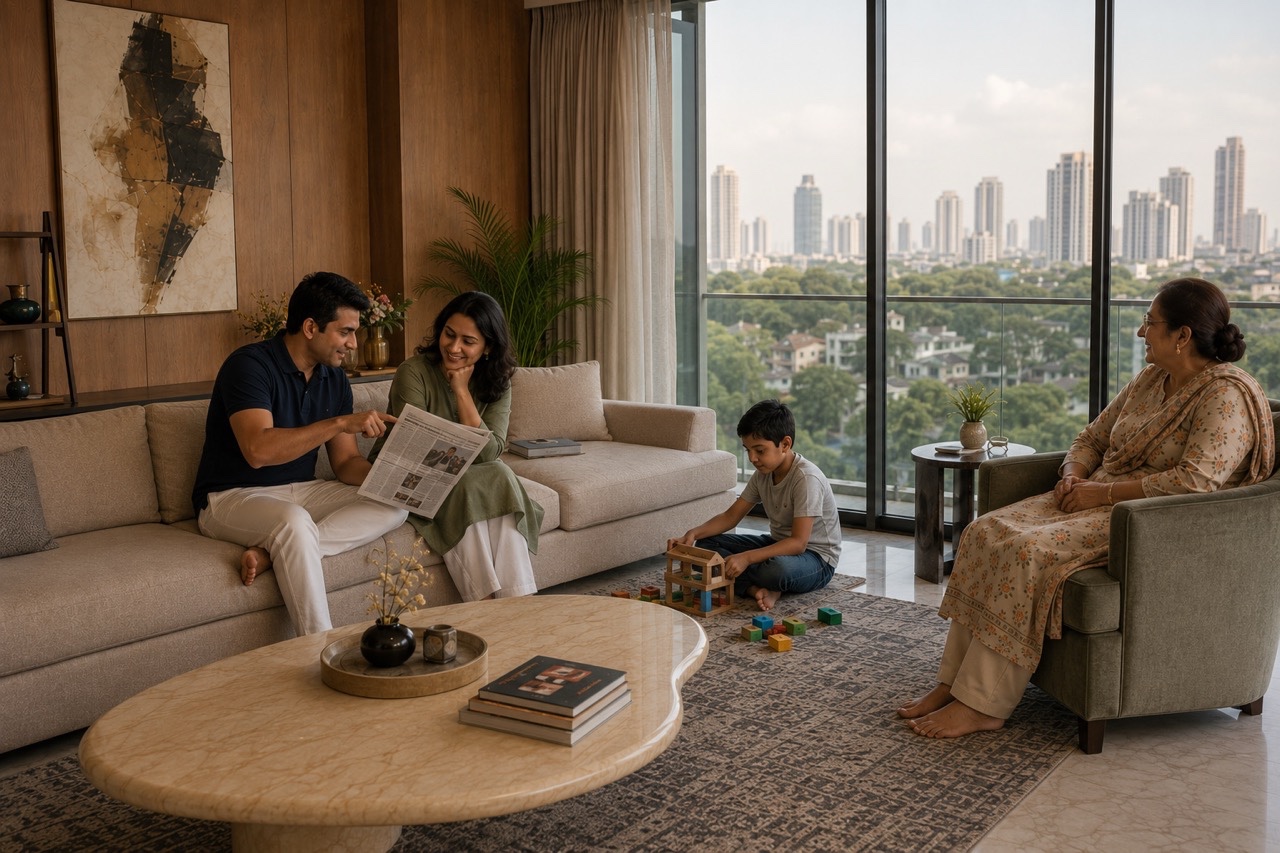 Indian Family Relaxing in Luxury Apartment Living Room | Royalty-Free image | Pixlaris