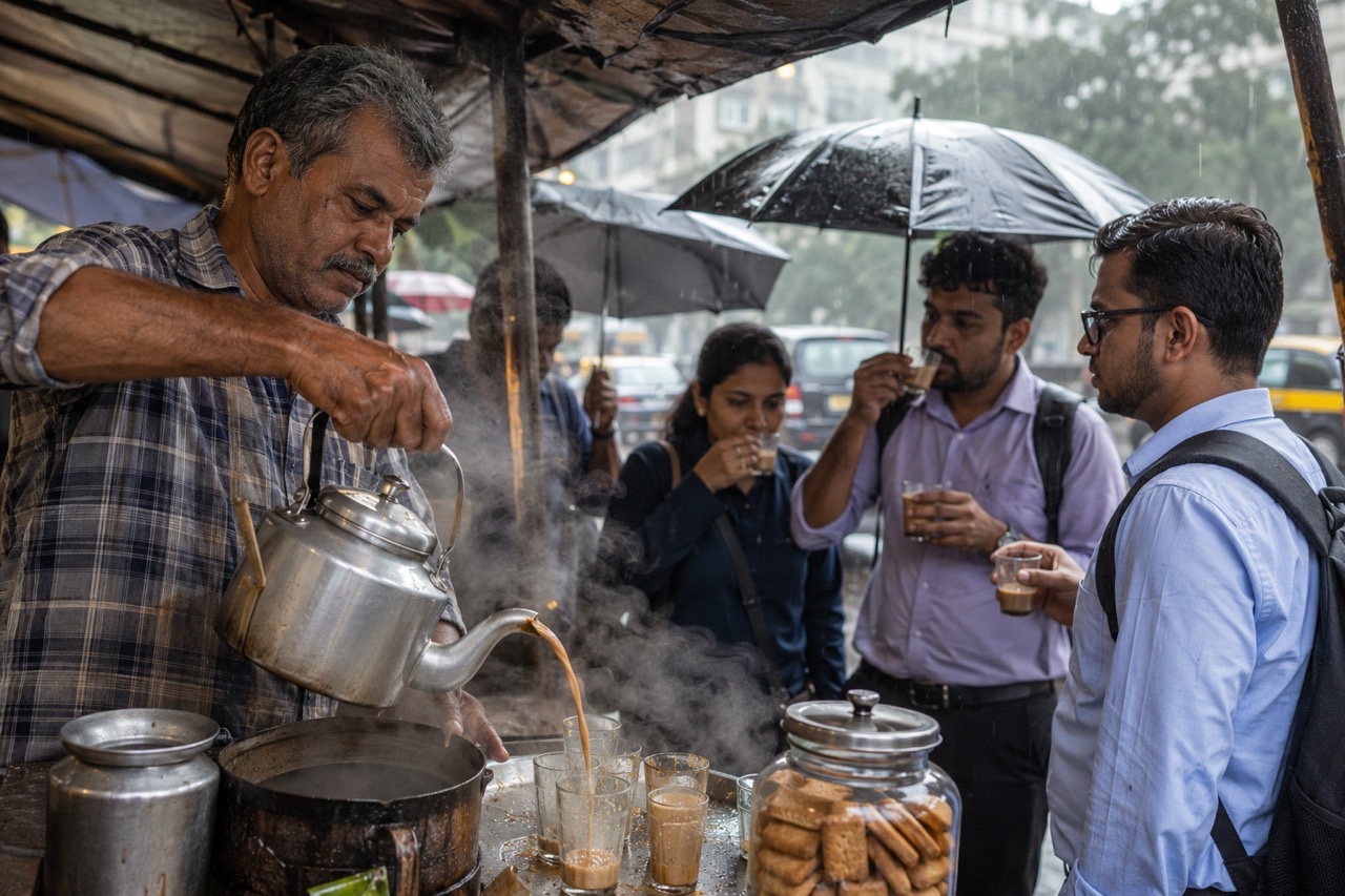 Roadside Tea Vendor Serving Hot Chai During Monsoon | Royalty-Free image | Pixlaris