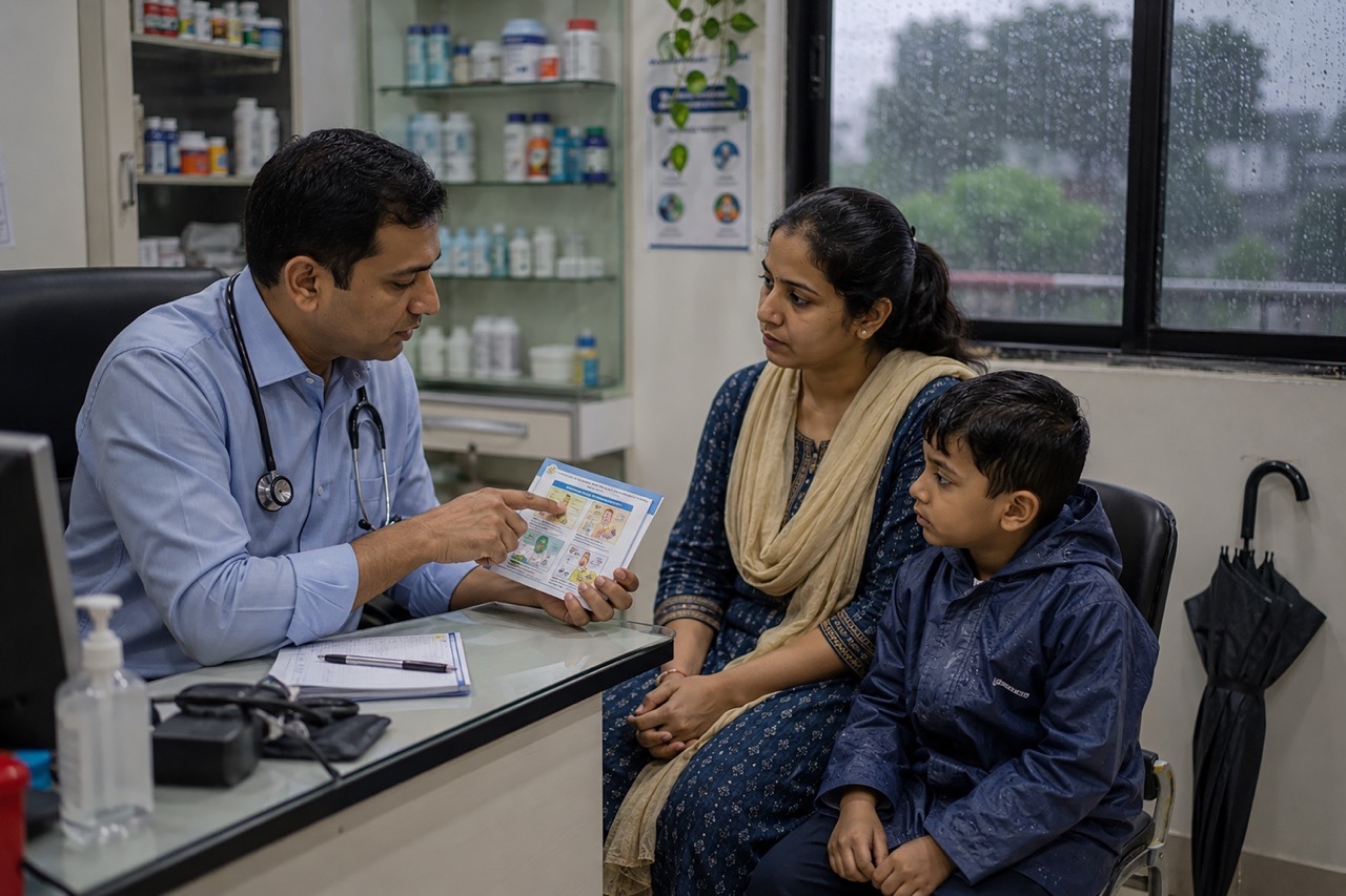 Indian Doctor Consulting Mother and Child During Monsoon Clinic Visit | Royalty-Free image | Pixlaris