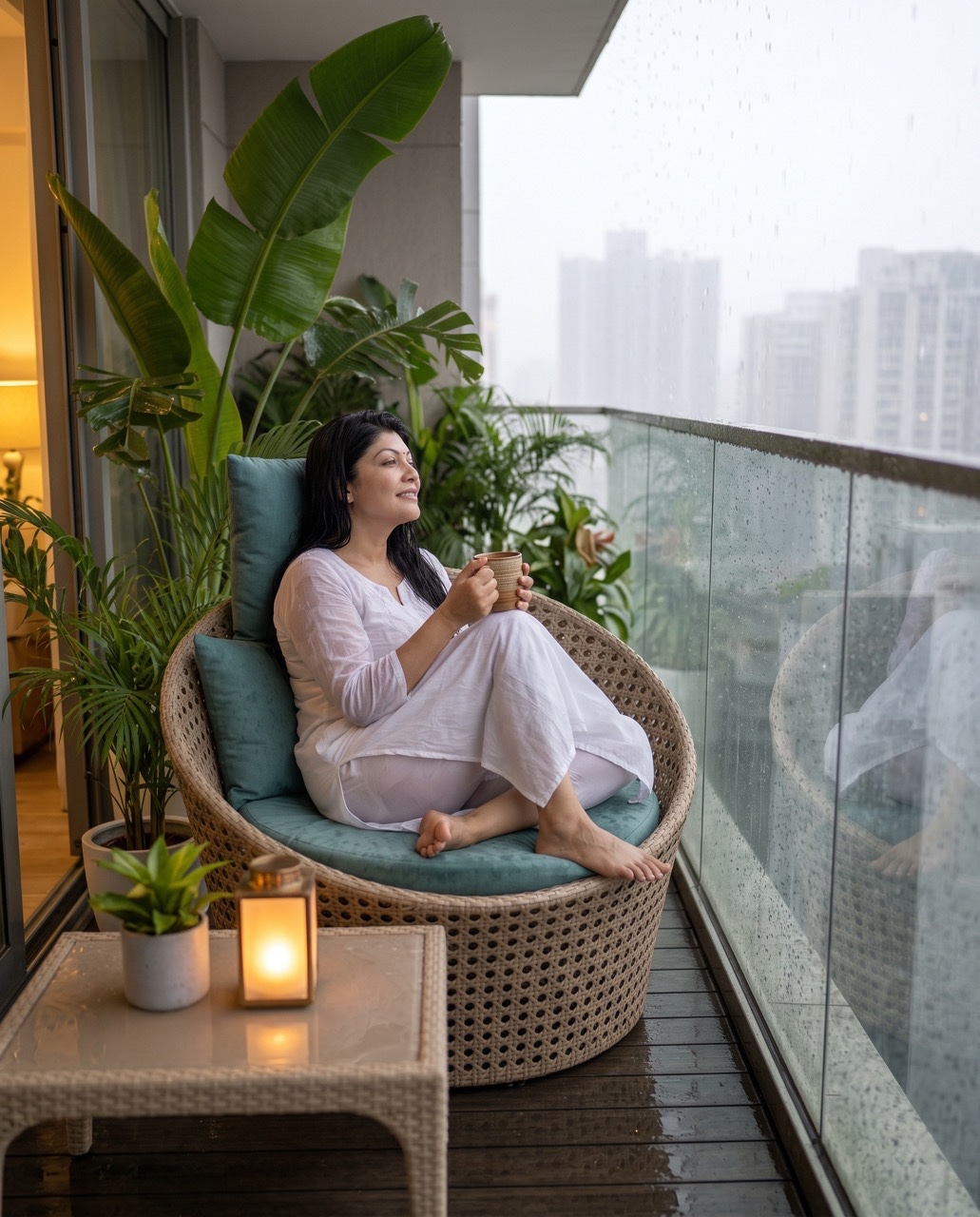 Woman Relaxing With Tea on Rainy Balcony Garden | Royalty-Free image | Pixlaris