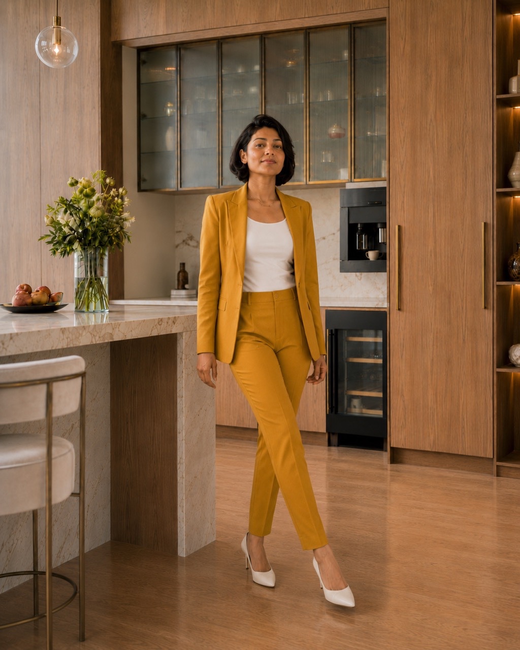 Indian Businesswoman Walking Through Modern Luxury Kitchen | Royalty-Free image | Pixlaris