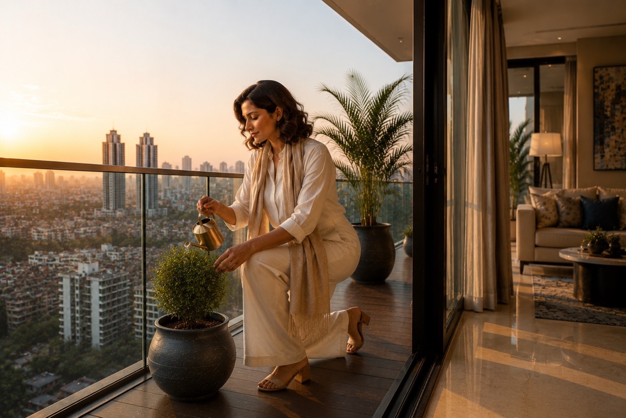 Elegant Woman Reading on Balcony of Luxury High-Rise Apartment | Royalty-Free image | Pixlaris