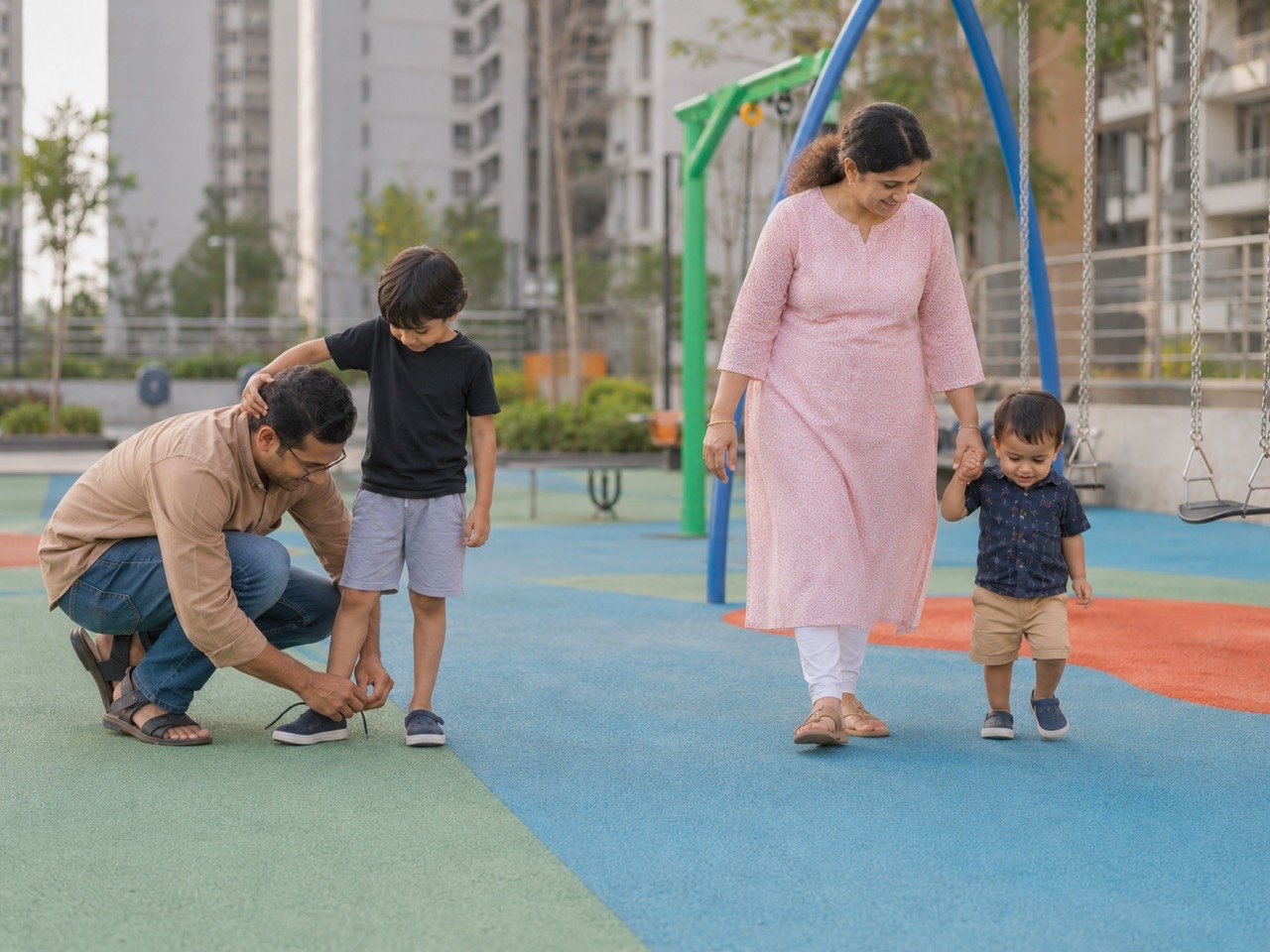 Mother Holding Toddler While Father Ties Son's Shoe | Royalty-Free image | Pixlaris