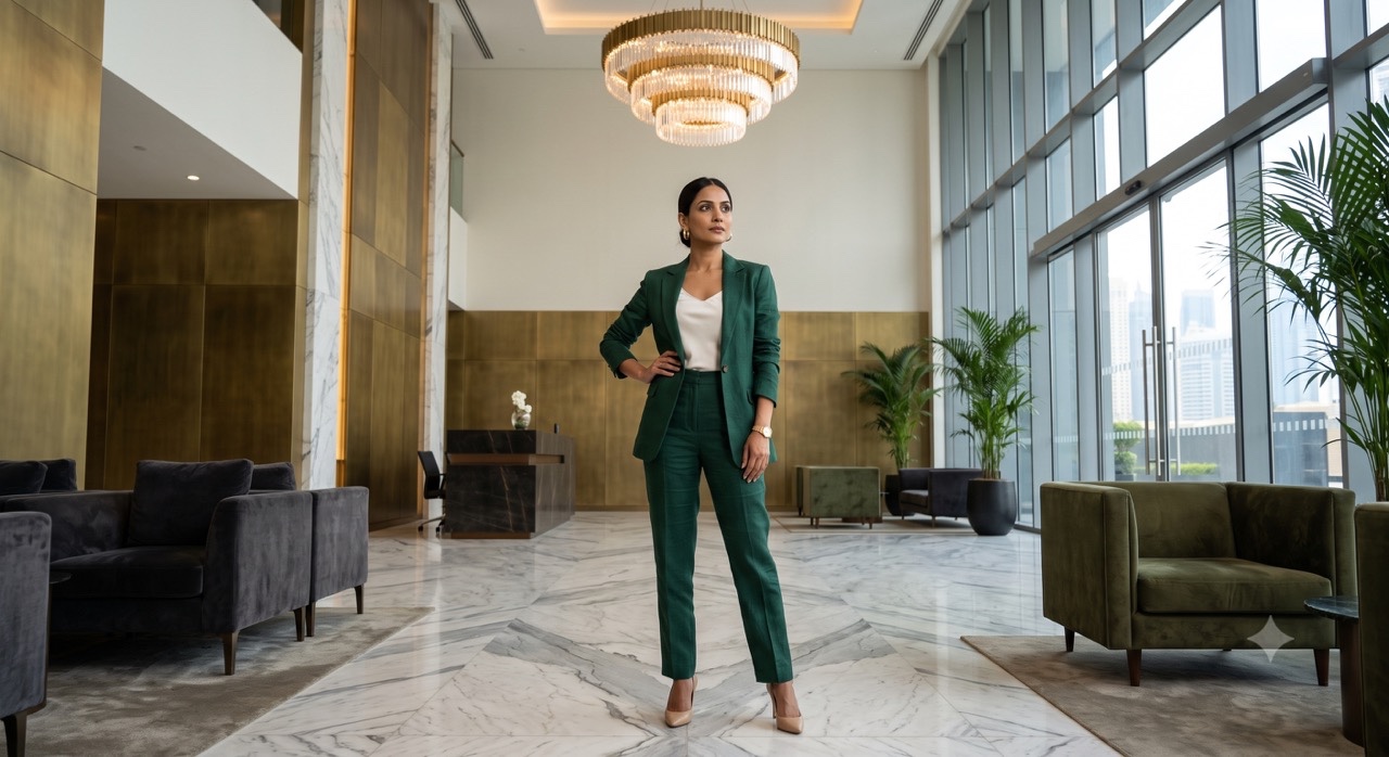 Confident Businesswoman with Hand on Hip in Office Lobby | Royalty-Free image | Pixlaris