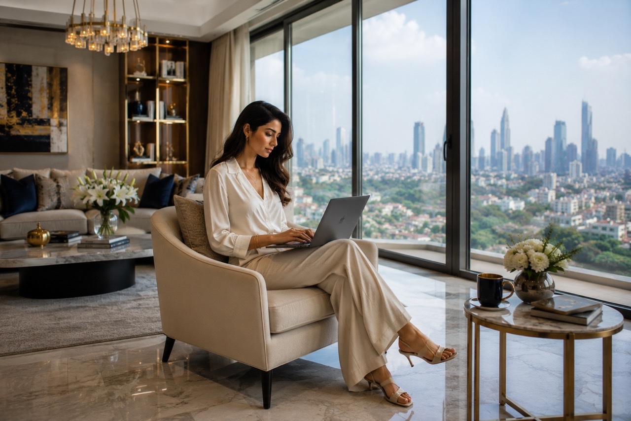 Elegant Woman Holding Wine by Luxury Apartment Window | Royalty-Free image | Pixlaris