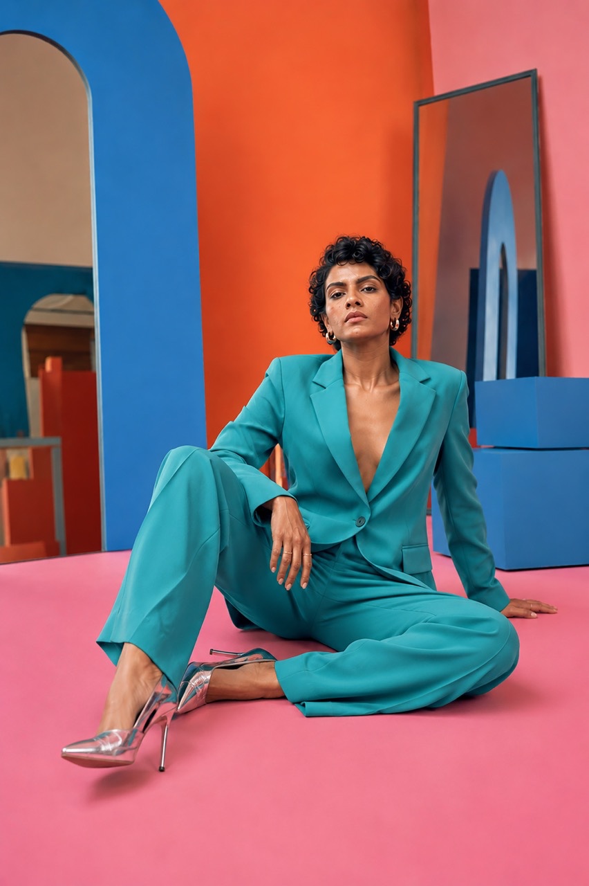 Seated Fashion Model in Turquoise Suit on Pink Studio Floor | Royalty-Free image | Pixlaris