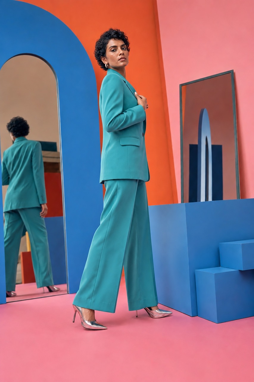 Side Pose of Indian Model in Turquoise Suit and Silver Heels | Royalty-Free image | Pixlaris