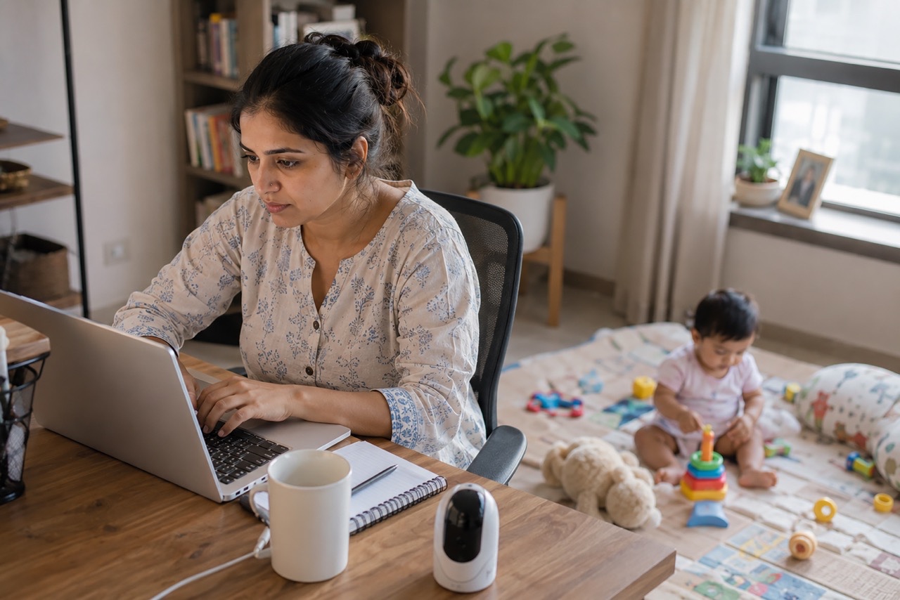 Working Mother Using Laptop While Baby Plays at Home | Royalty-Free image | Pixlaris