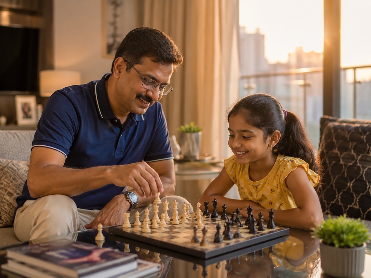 Indian Father Teaching Chess to Daughter at Home During Quality Family Time  Large