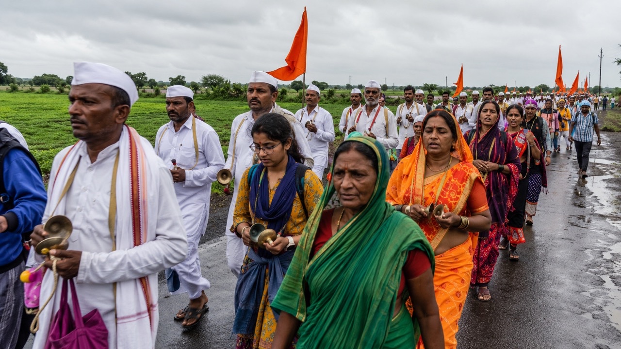 Devotees Walking in Ashadhi Wari With Orange Flags | Royalty-Free image | Pixlaris