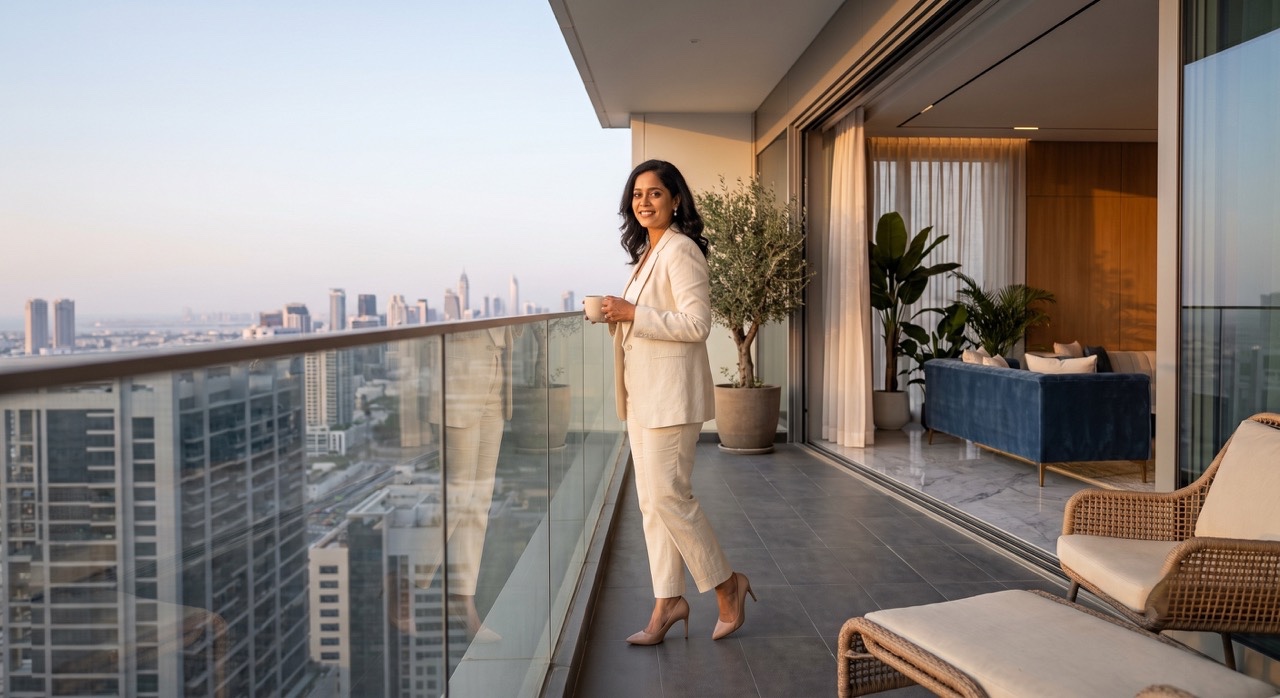 Indian Woman Enjoying Scenic City View from Premium Apartment Balcony | Royalty-Free image | Pixlaris