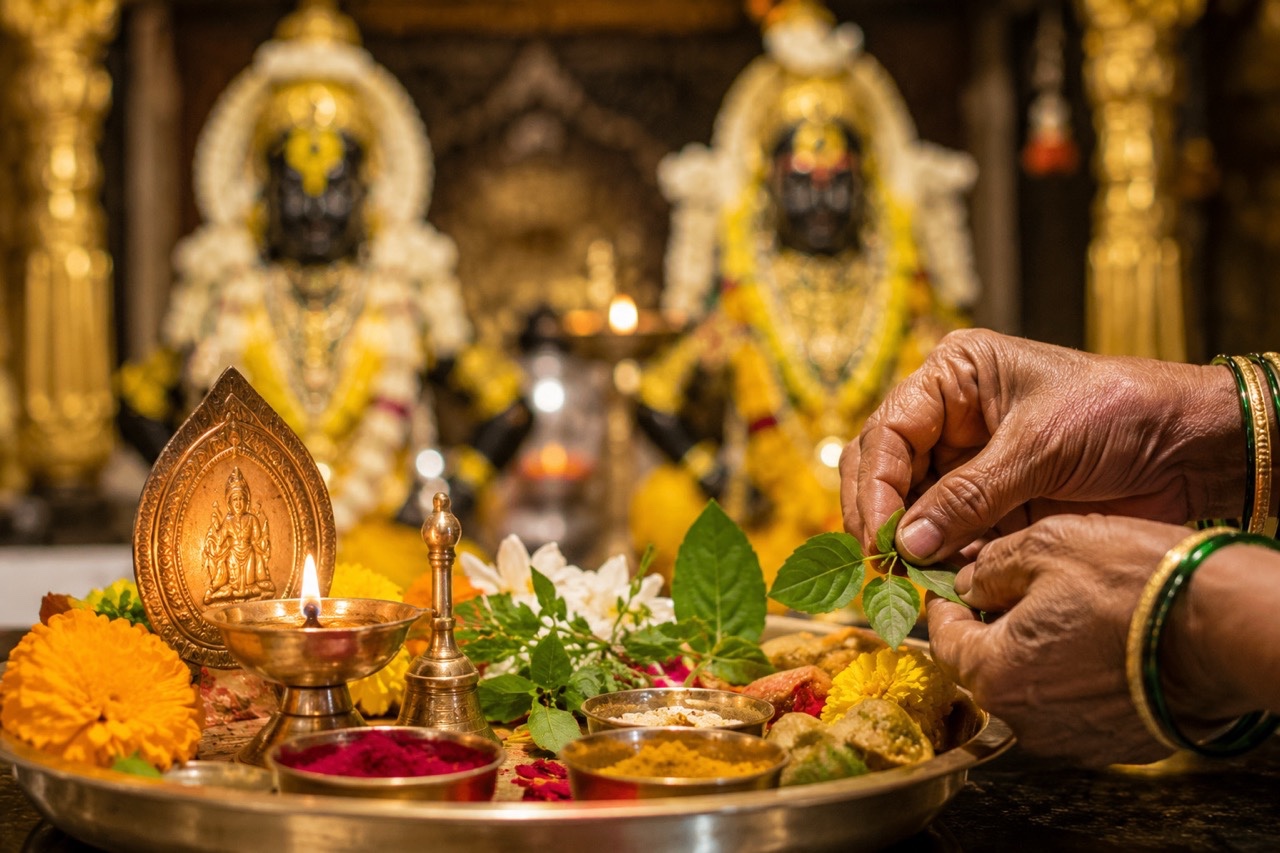 Traditional Puja Offering with Tulsi Leaves and Brass Diya | Royalty-Free image | Pixlaris