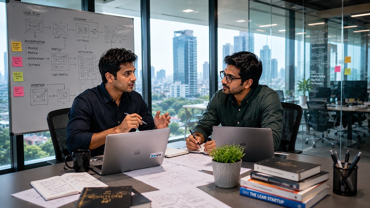 Indian Product Designers Collaborating on UX Wireframes in Modern Startup Office Large