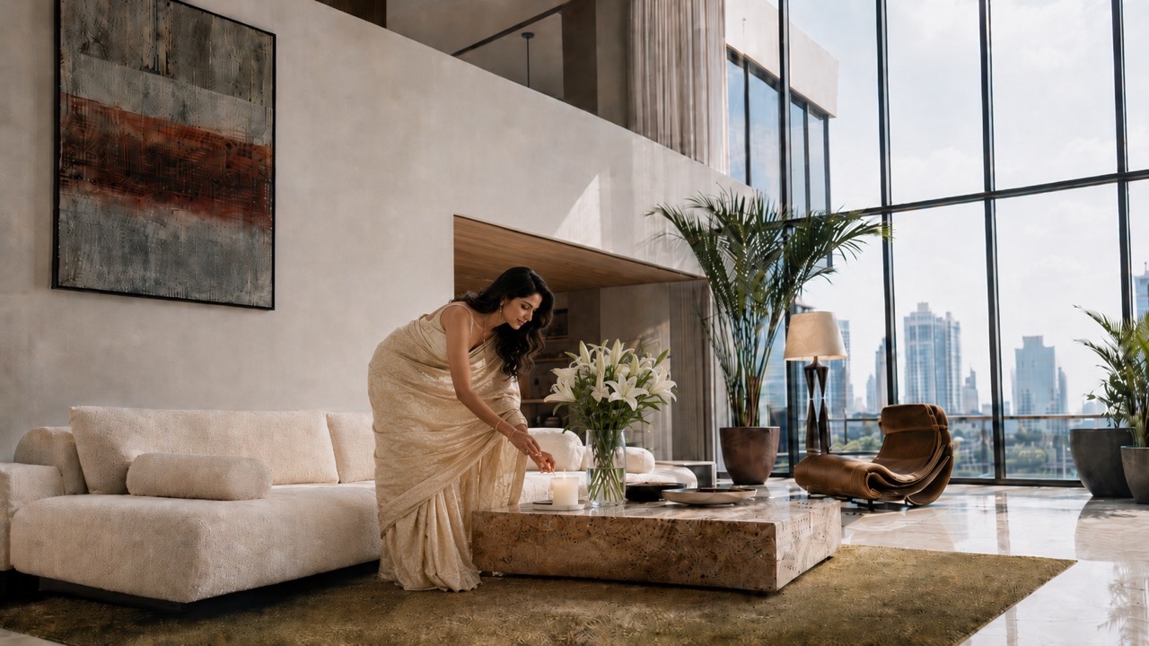 Elegant Woman Walking With Book in Luxury High-Rise Living Room | Royalty-Free image | Pixlaris