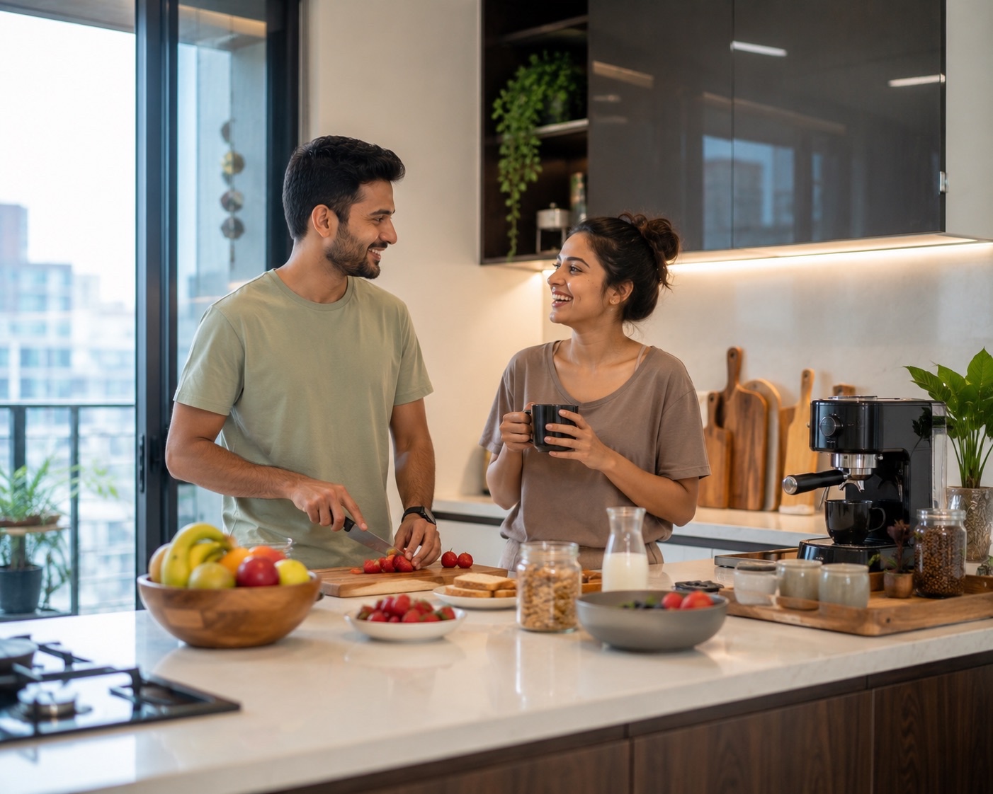 Young Indian Couple Preparing Healthy Breakfast Together in Modern Luxury Apartment Kitchen