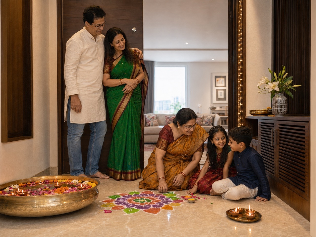Maharashtrian Family Celebrating Festival With Rangoli and Diyas | Royalty-Free image | Pixlaris