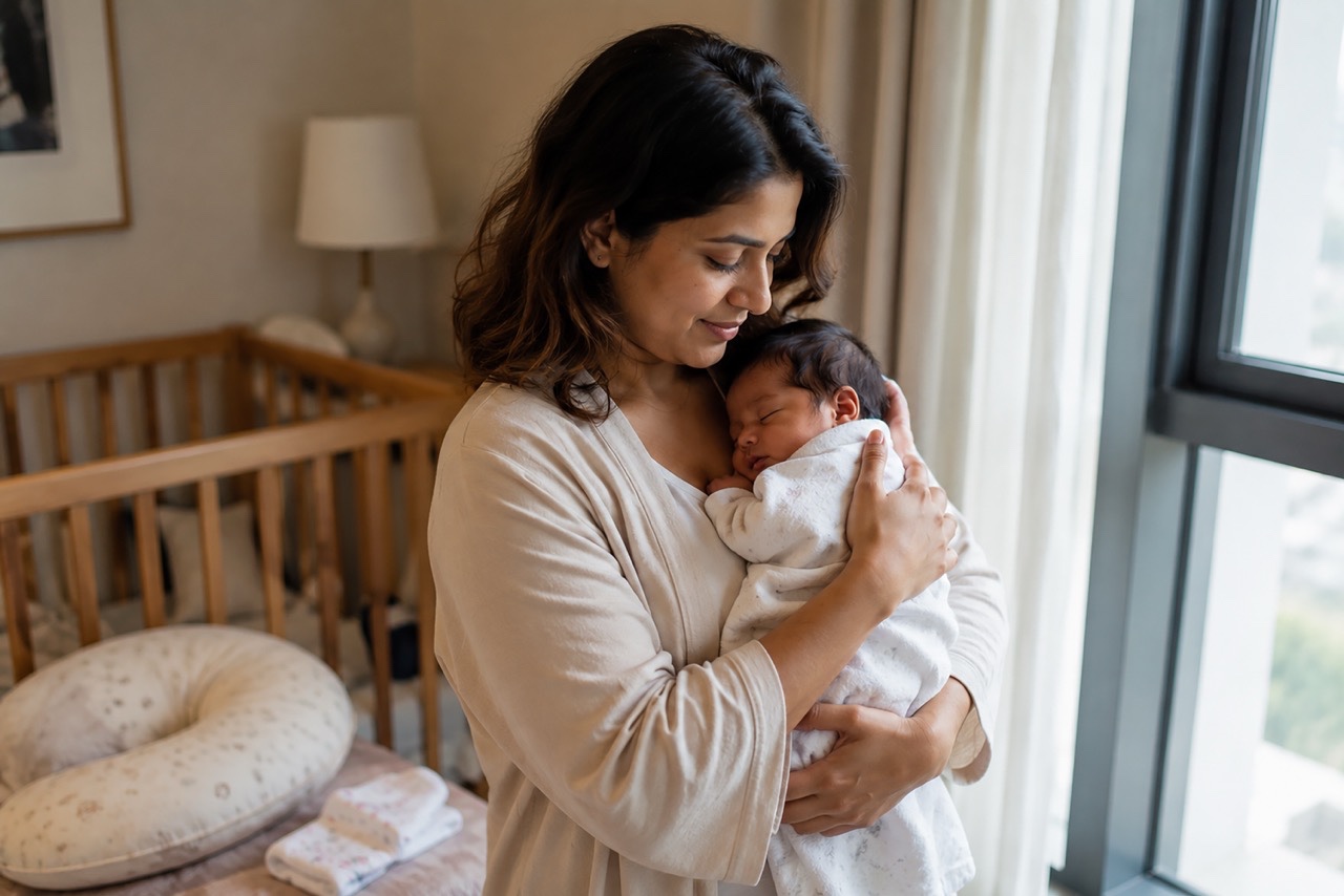 Mother Cuddling Sleeping Newborn Baby Near Window | Royalty-Free image | Pixlaris