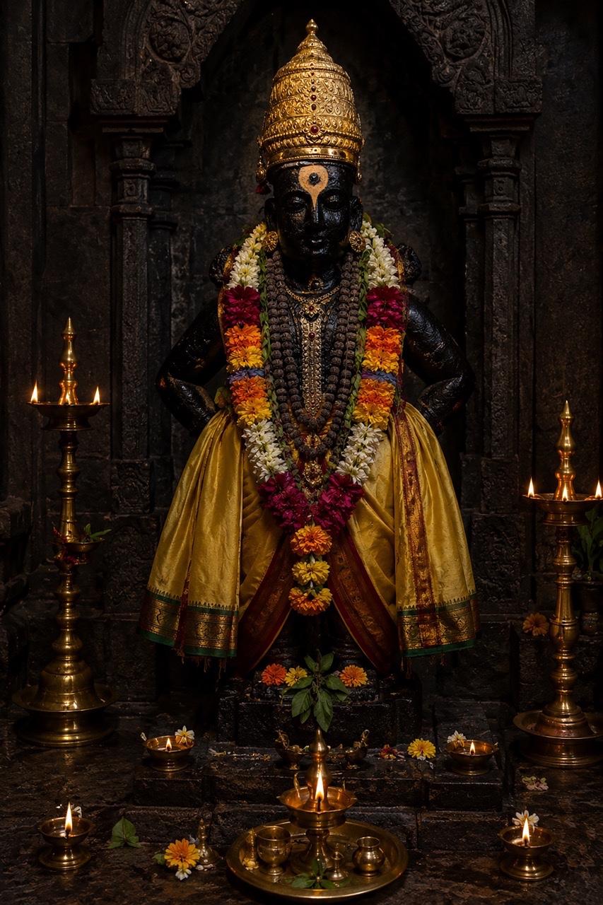 Traditional Portrait of Lord Vitthal Idol with Brass Oil Lamps | Royalty-Free image | Pixlaris