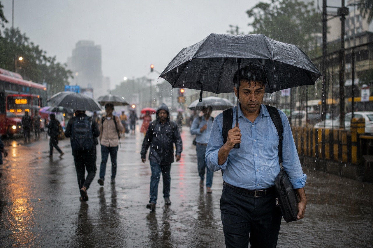 Office Commuter Walking with Umbrella in Heavy Monsoon Rain | Royalty-Free image | Pixlaris