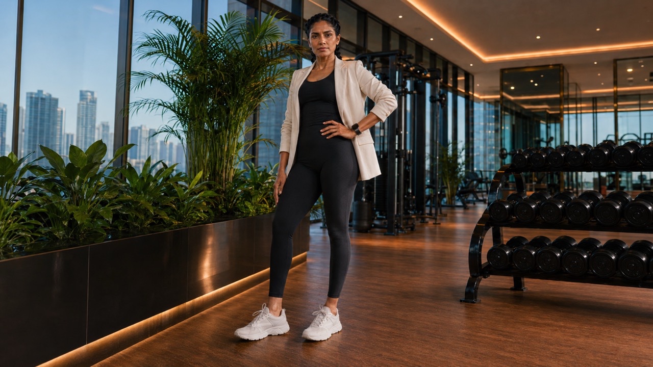 Luxury Fitness Model Full Body Portrait in High-Rise Gym | Royalty-Free image | Pixlaris