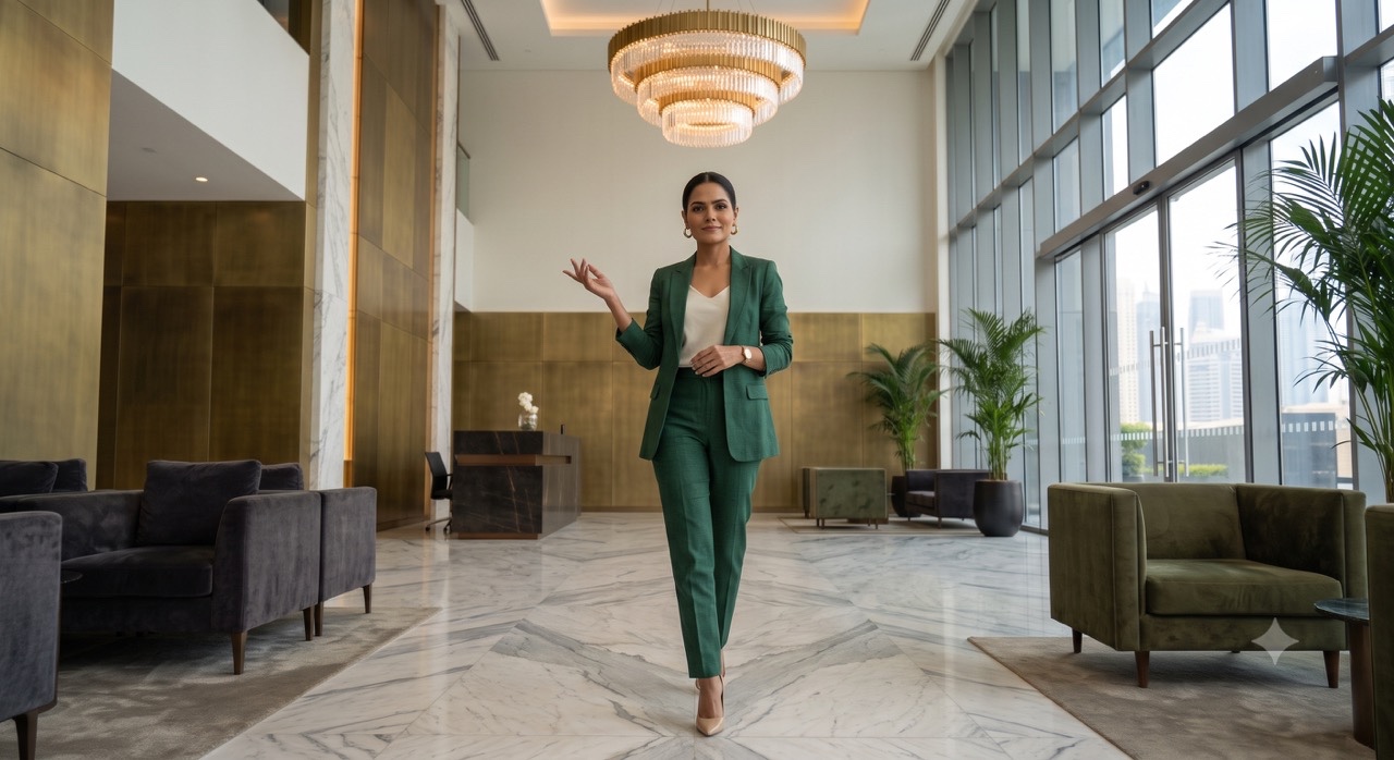 Smiling Businesswoman Presenting Luxury Office Space | Royalty-Free image | Pixlaris