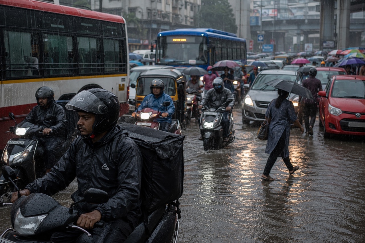 Delivery Rider Navigating Heavy Monsoon Traffic on Flooded Indian City Road | Royalty-Free image | Pixlaris