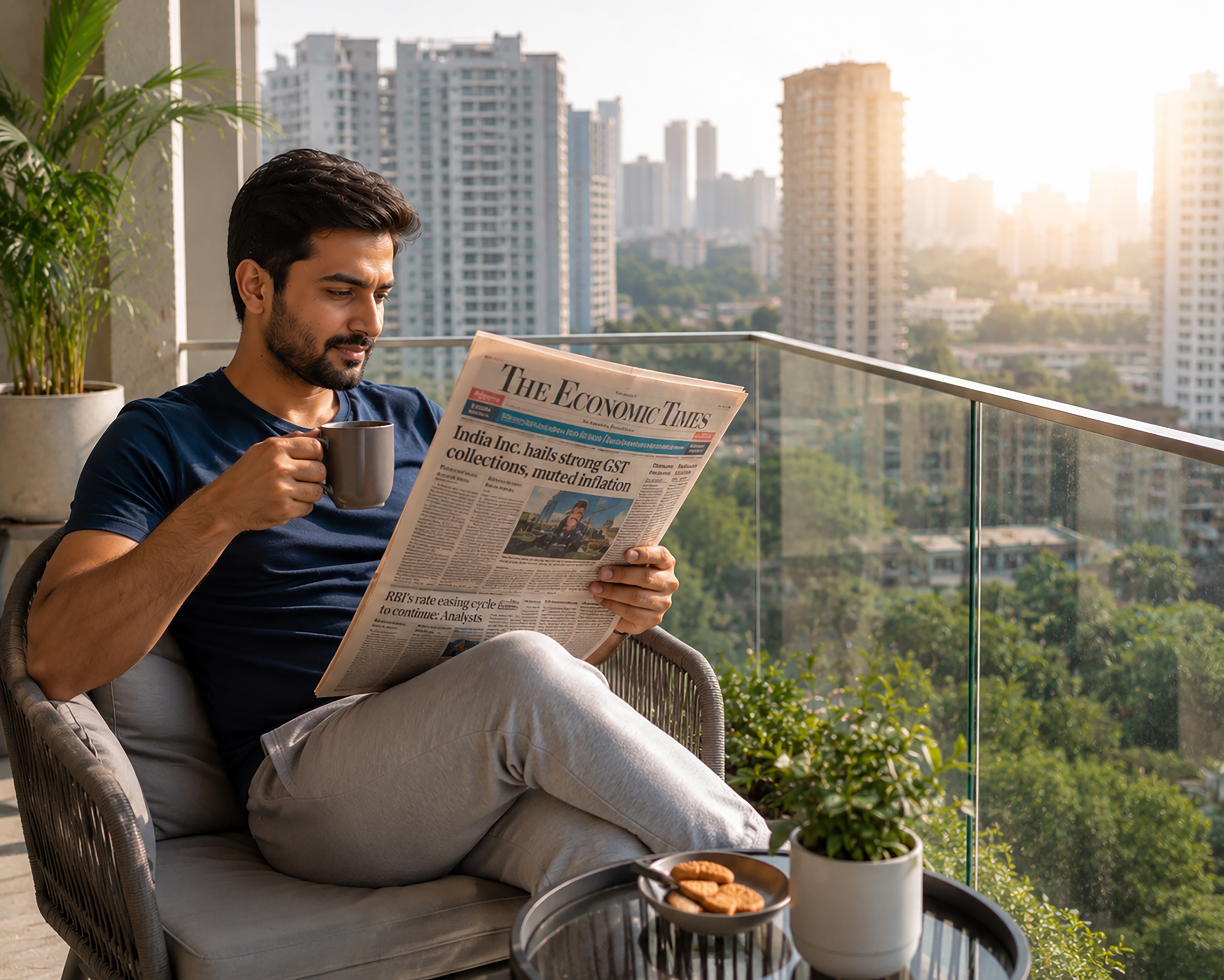 Indian Man Reading Morning Newspaper and Drinking Coffee on Luxury Apartment Balcony