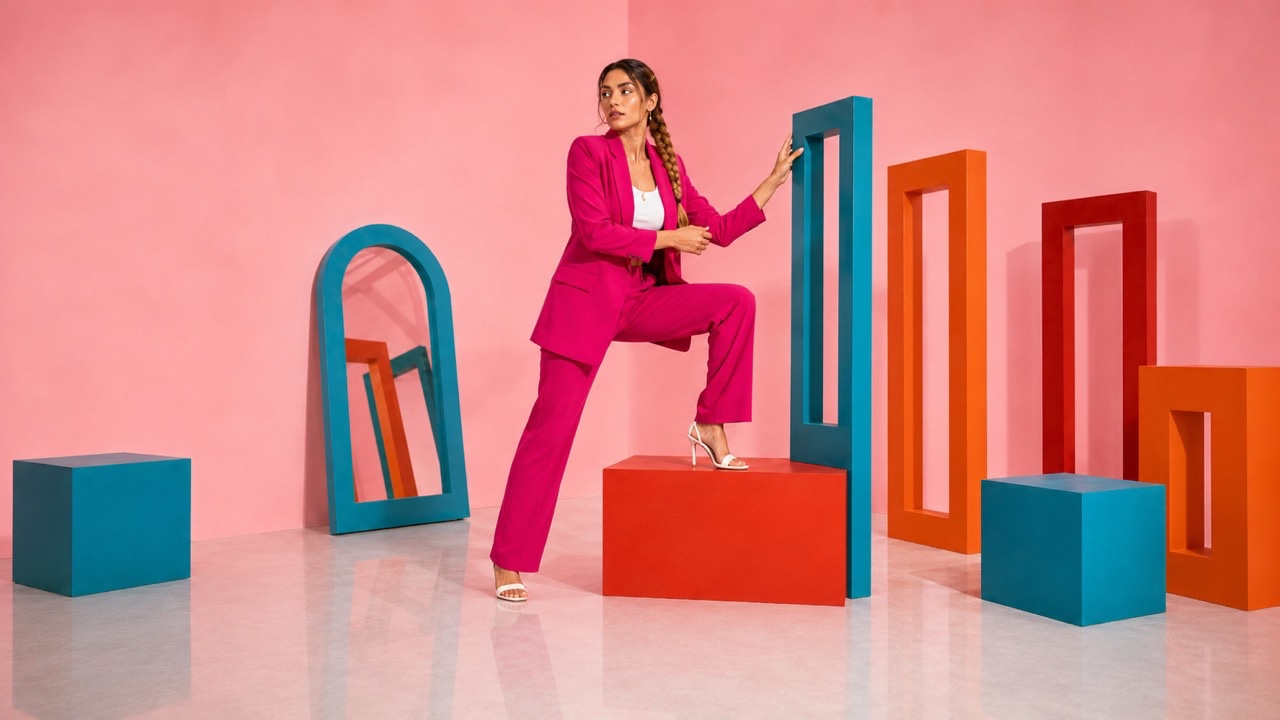 High Fashion Step Pose on Red Cube Layout | Royalty-Free image | Pixlaris