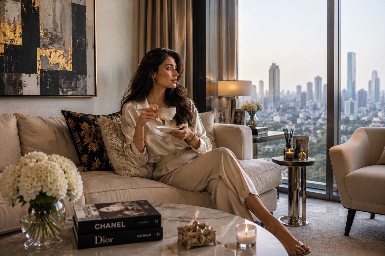 Elegant Woman Seated With Coffee in Luxury Apartment at Sunset | Royalty-Free image | Pixlaris