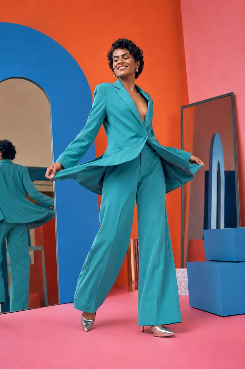 Smiling Woman Posing in Turquoise Suit Against Orange Wall | Royalty-Free image | Pixlaris