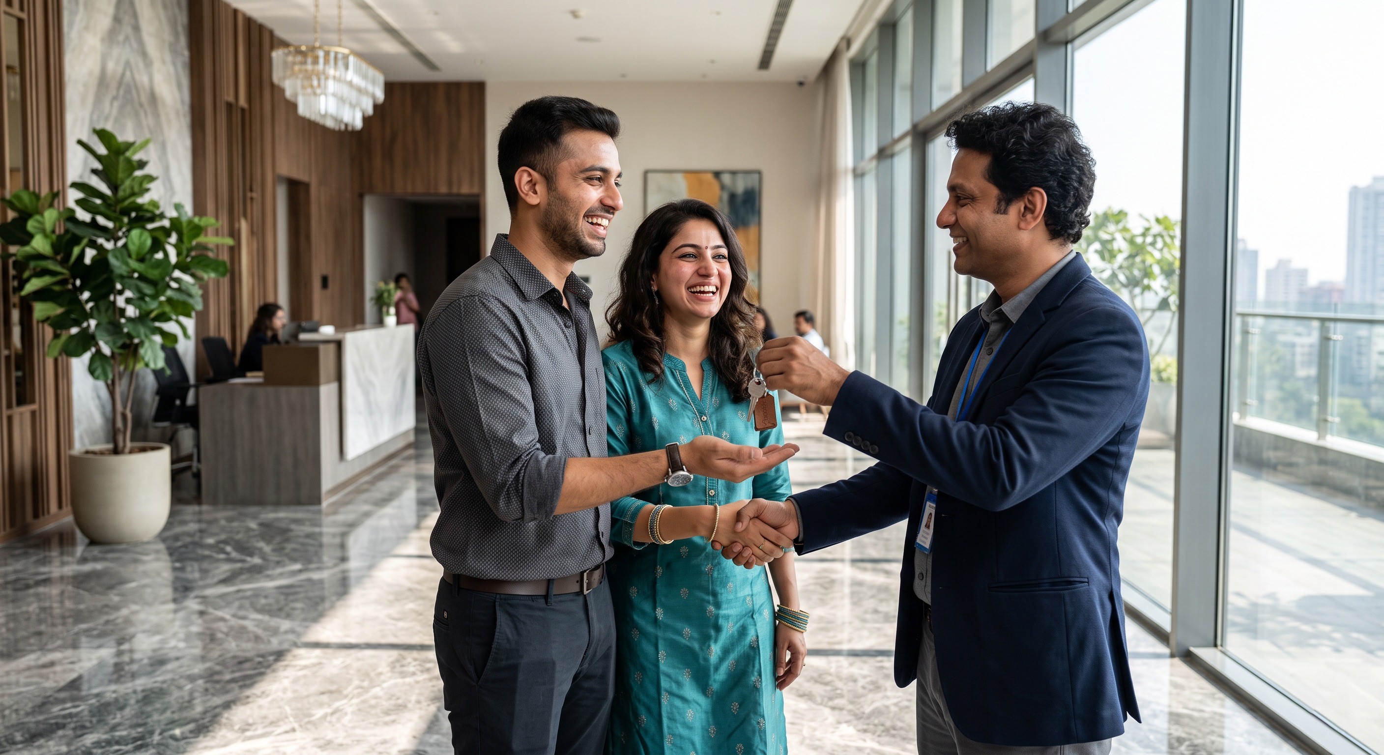 Indian Couple Receiving Apartment Keys from Real Estate Agent in Luxury Residential Lobby