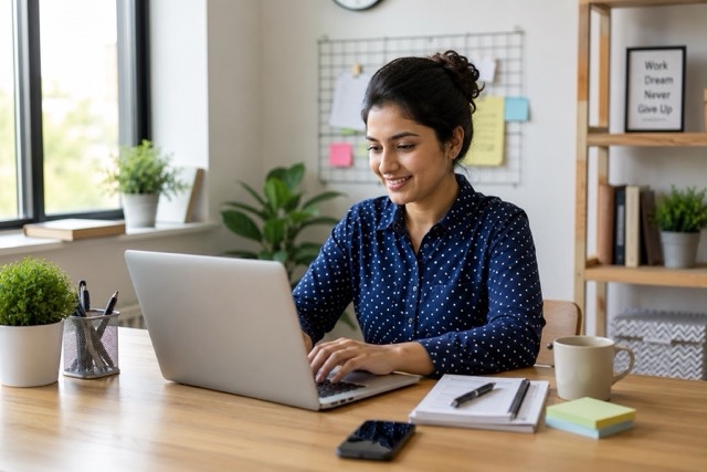 Young Indian Woman Working from Home in Modern Home Office