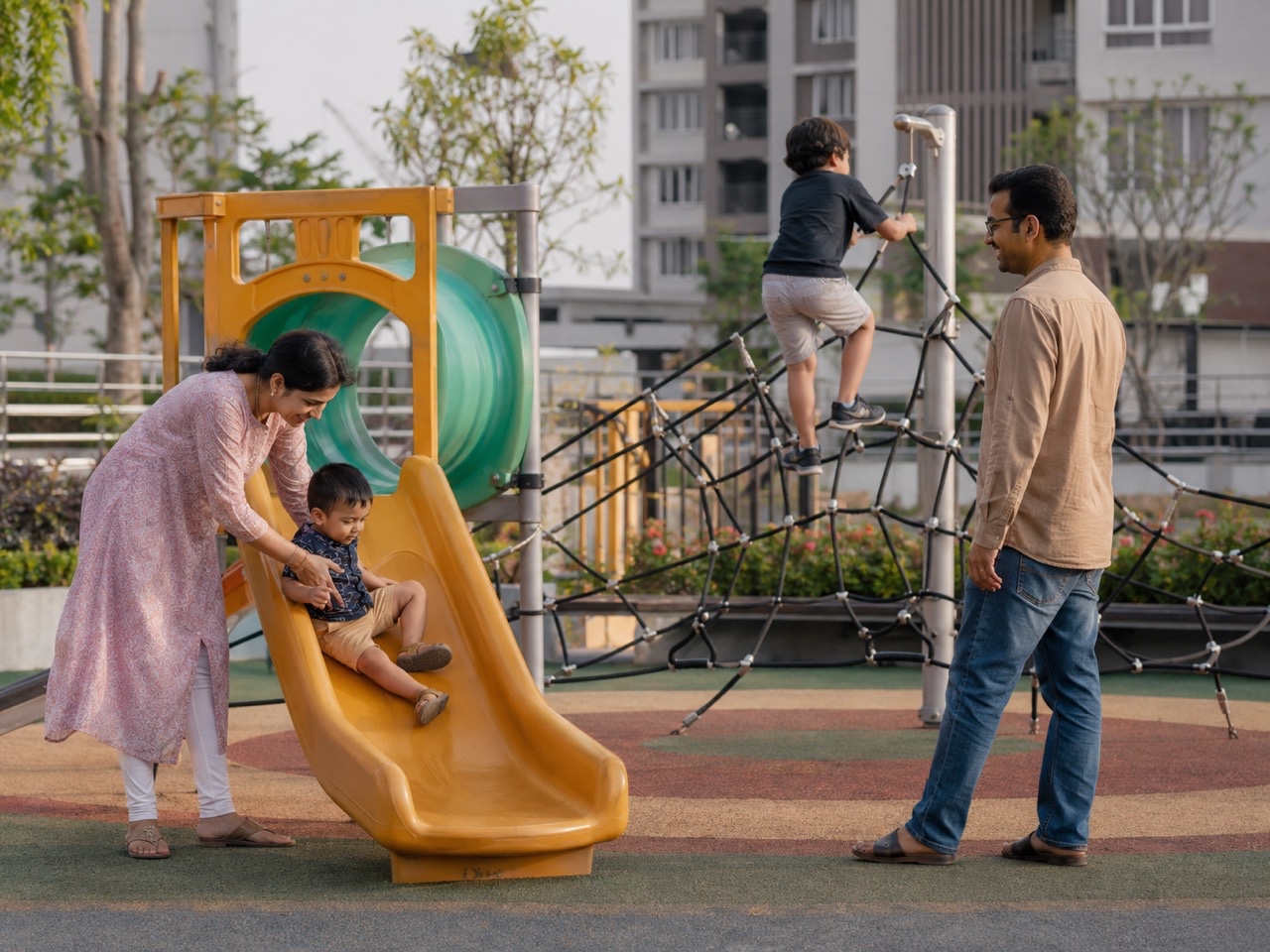 Parents Watching Children Play on Slide and Climbing Net | Royalty-Free image | Pixlaris