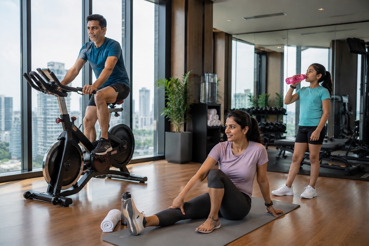 Family Exercising Together in Modern Apartment Gym | Royalty-Free image | Pixlaris