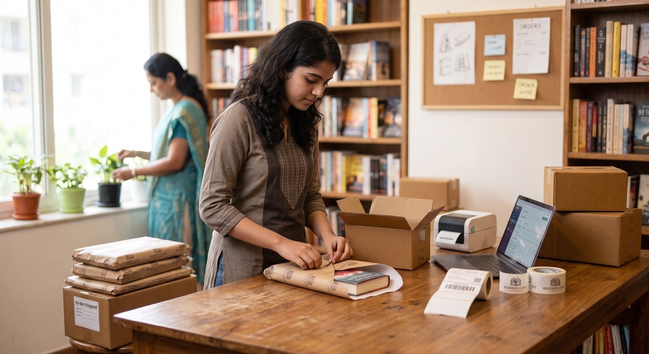 Small Business Owner Packing Online Book Orders for Shipping