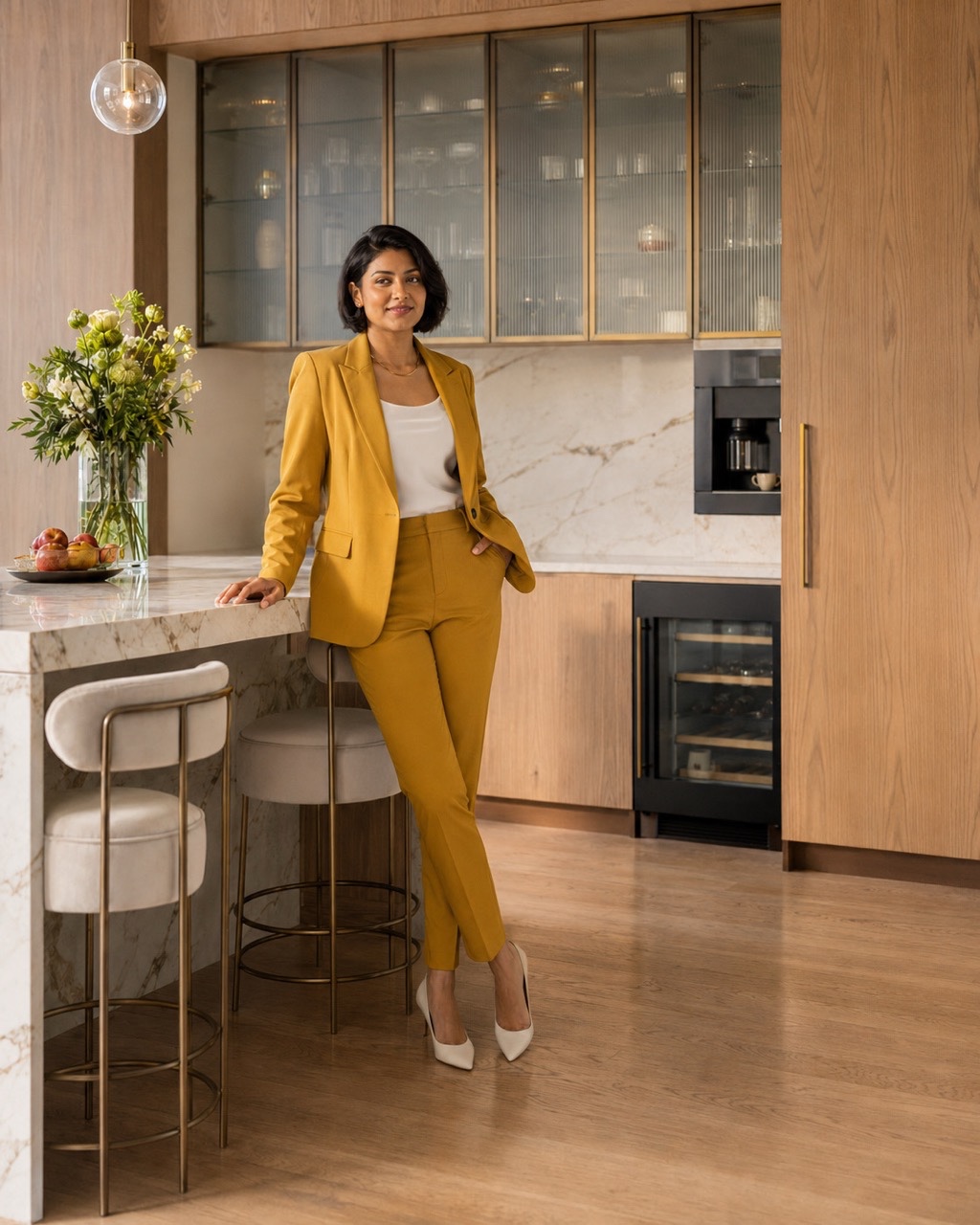 Elegant Woman Posing Beside Marble Counter in Premium Kitchen | Royalty-Free image | Pixlaris